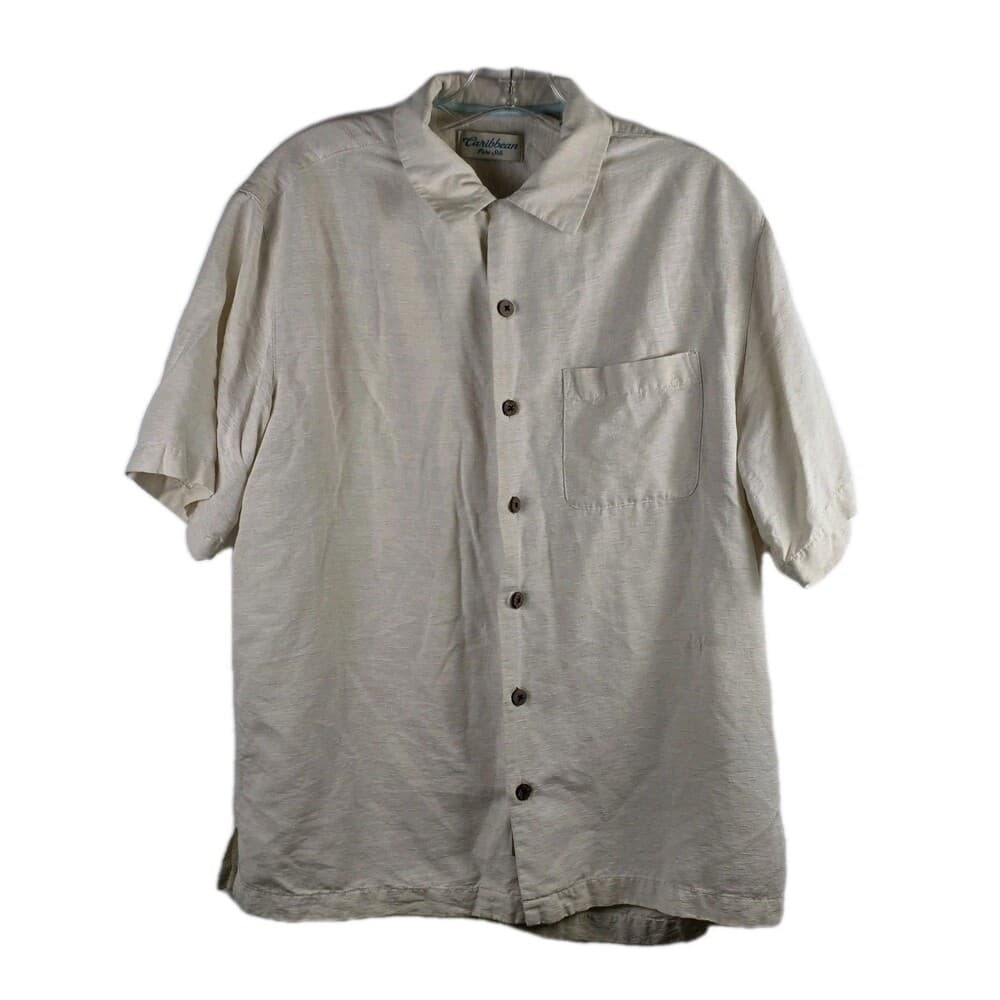 VTG Caribbean Men's Medium Ivory Silk Hawaiian Button Down Shirt - Thumbnail 11