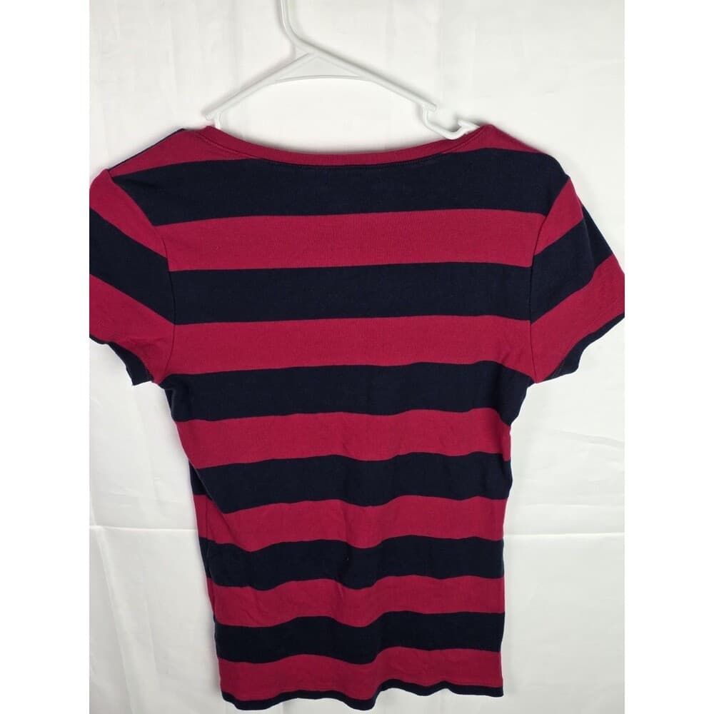 Tommy Hilfiger‎ V Neck Shirt Girls Medium Red Blue Striped Short Sleeve Shirt - Thumbnail 3
