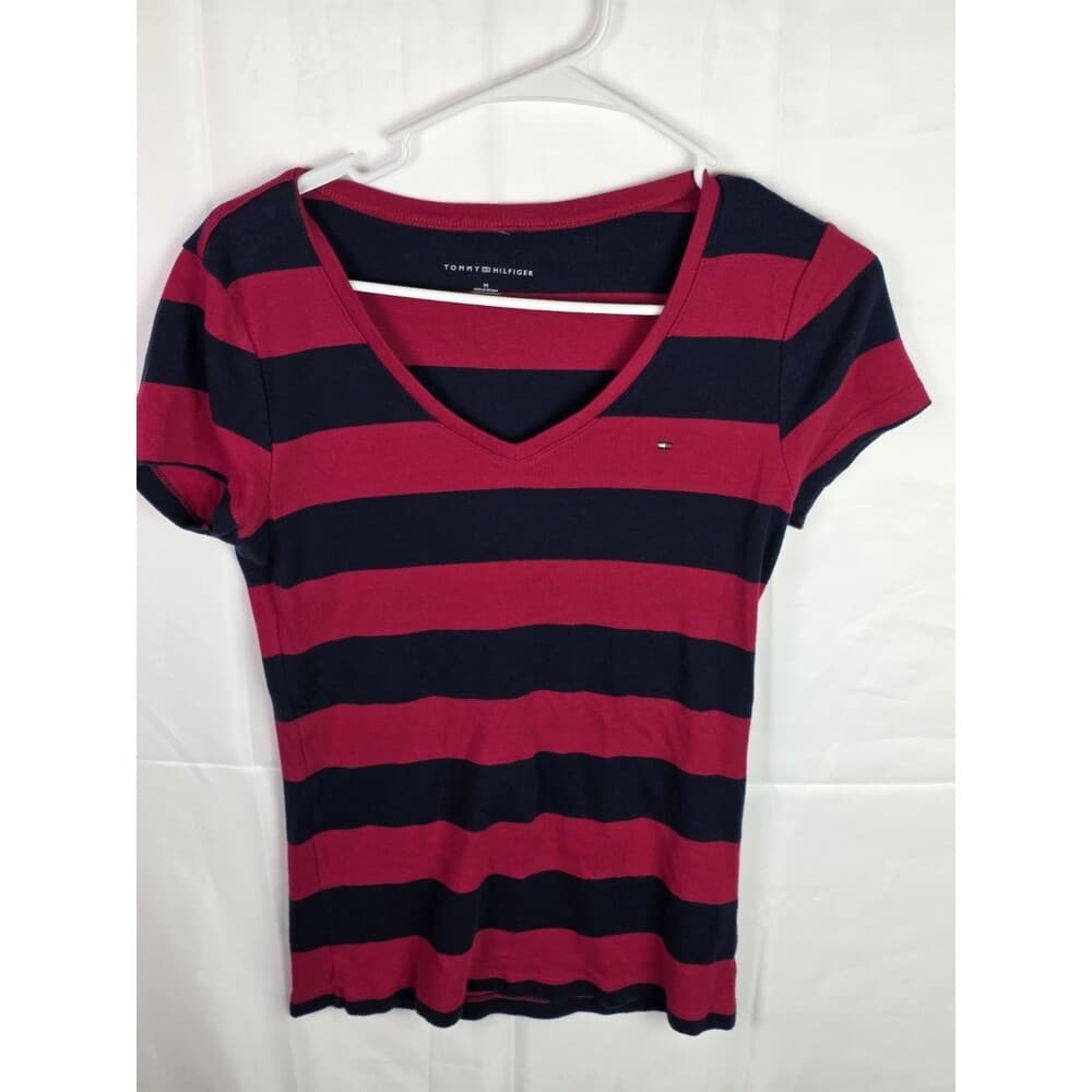 Tommy Hilfiger‎ V Neck Shirt Girls Medium Red Blue Striped Short Sleeve Shirt - Thumbnail 4