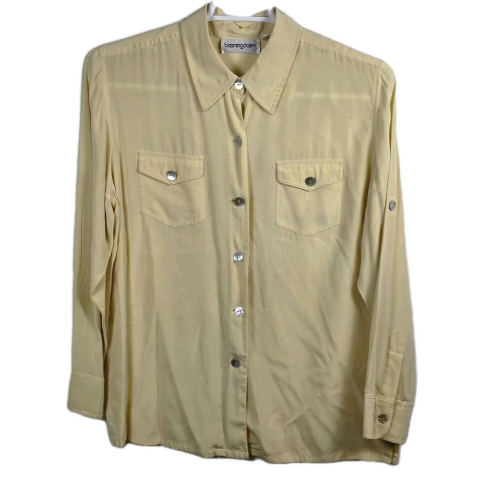 Bloomingdale's Women's Large Yellow 100% Silk Long Sleeve Button Up‎ Shirt - Thumbnail 8
