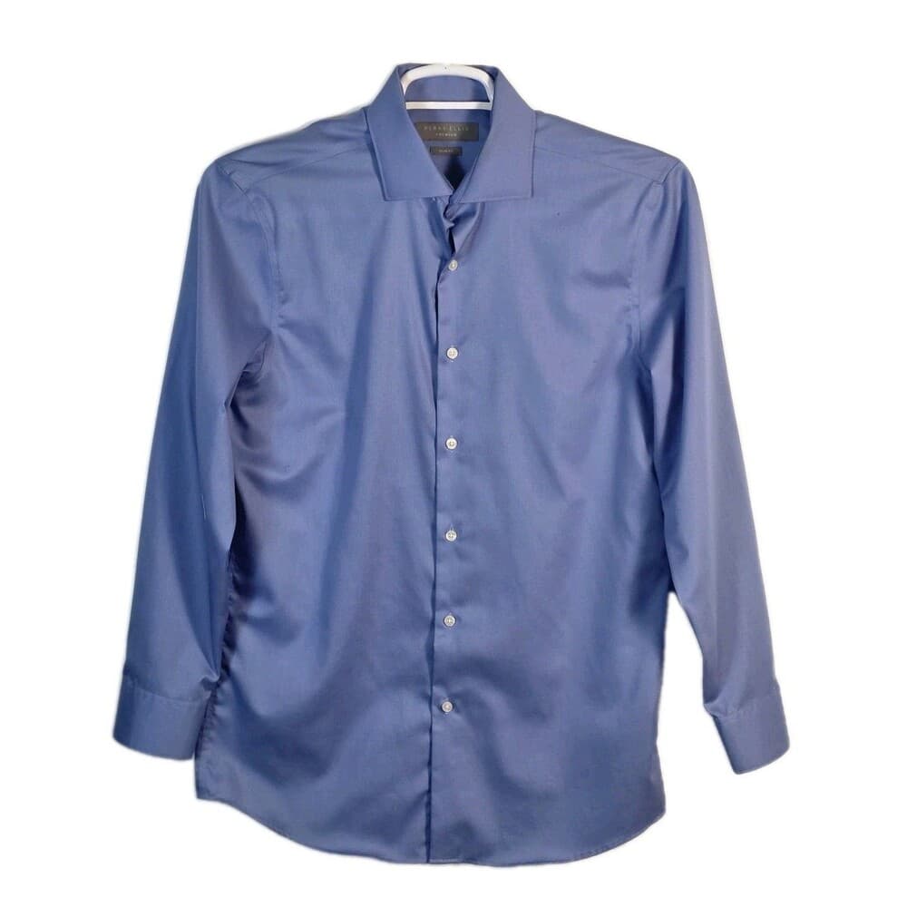 Perry Ellis Men's 15.5/32-33 Slim Fit Blue Long Sleeve Button Up Shirt‎ - Thumbnail 8