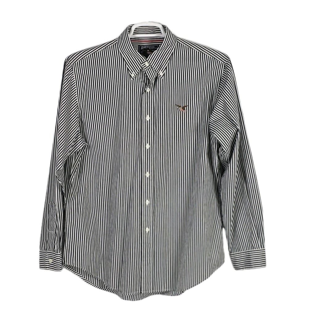 American Living Men's‎ Large Black & White Striped Long Sleeve Button Up Shirt - Thumbnail 7