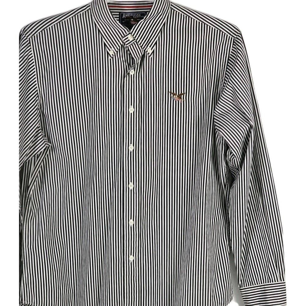 American Living Men's‎ Large Black & White Striped Long Sleeve Button Up Shirt - Thumbnail 3