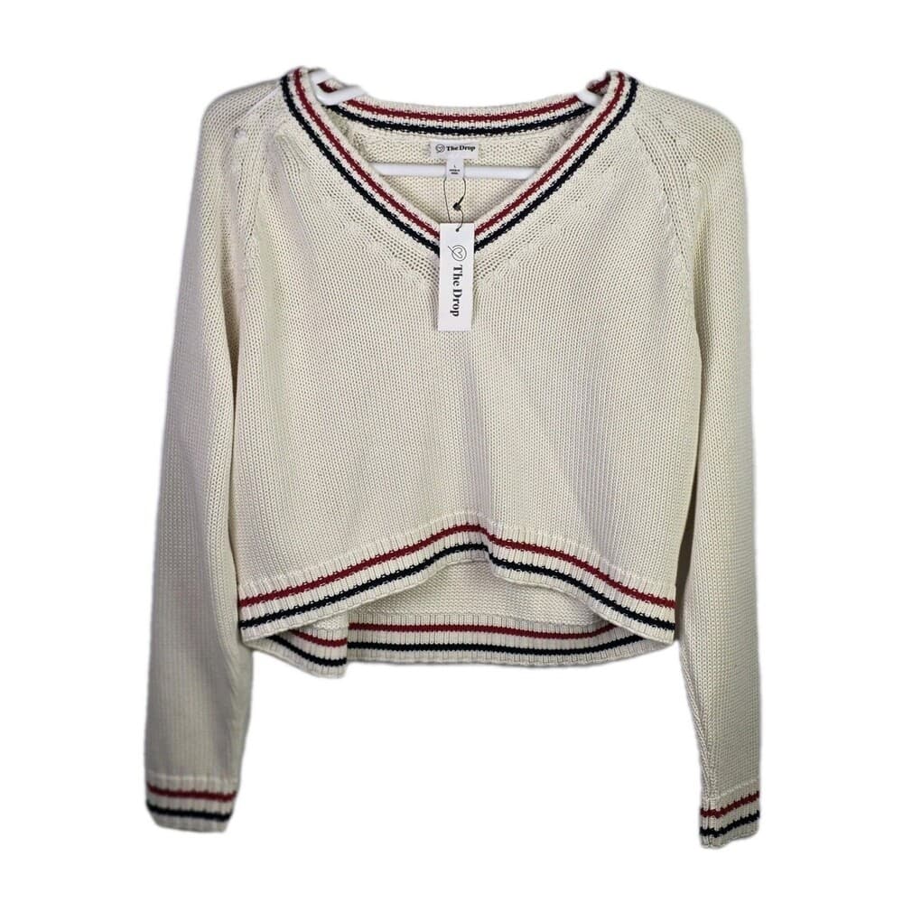 NWT The Drop Women's Large White W/ Red V-Neck Sweater - Thumbnail 6