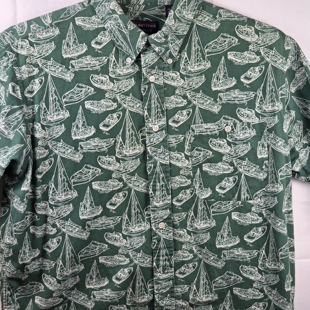 Roundtree‎ & Yorke Men's Large Green Boat Designs Short Sleeve Button Up Shirt - Thumbnail 2