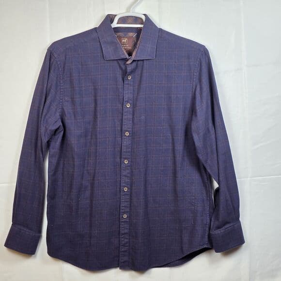 James Tattersall Men's Large XL London Blue Plaid Long Sleeve Shirt with Fraying - Thumbnail 9
