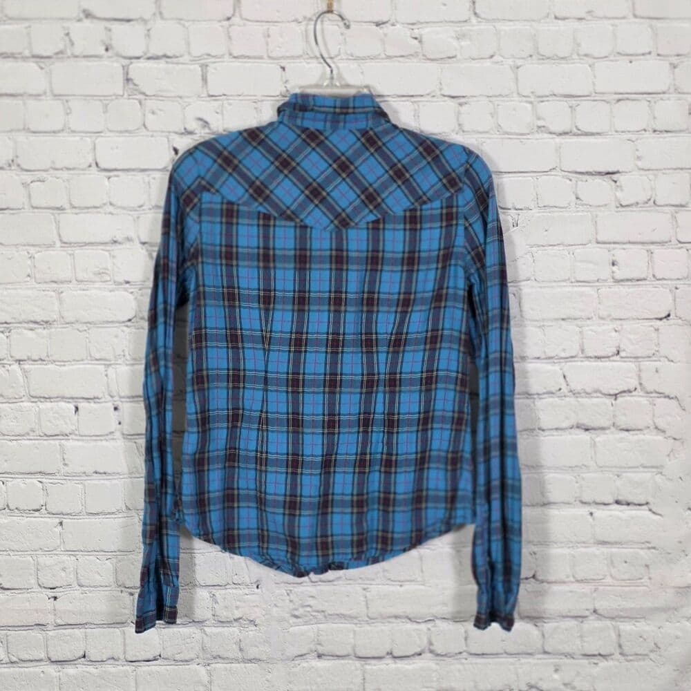 Hollister Shirt Men's Small Blue Plaid Flannel Pearl Snap Long Sleeve Shirt - Thumbnail 6