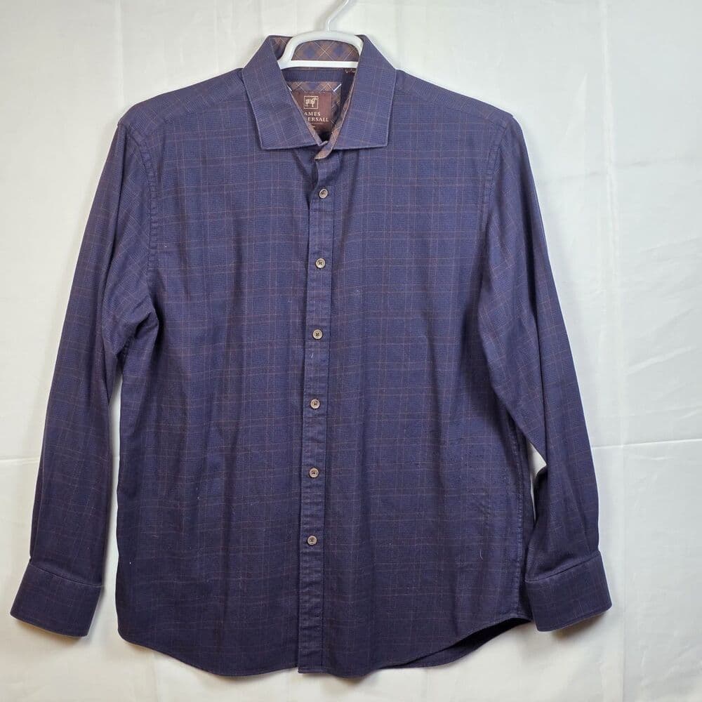 James Tattersall Men's Large XL London Blue Plaid Long Sleeve Shirt with Fraying - Thumbnail 8