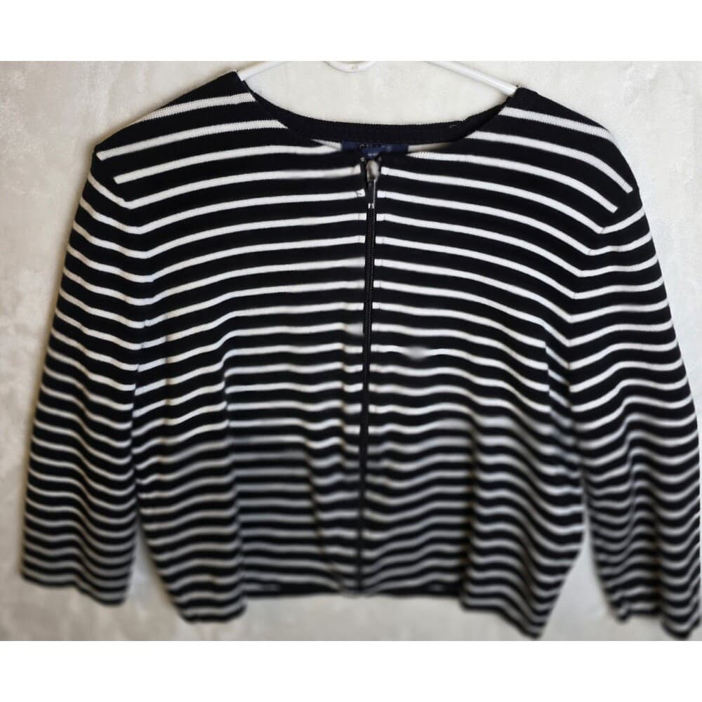 CHAPS Womens XL Black/White Stripe Full Zip Long Sleeve Sweater - Thumbnail 6