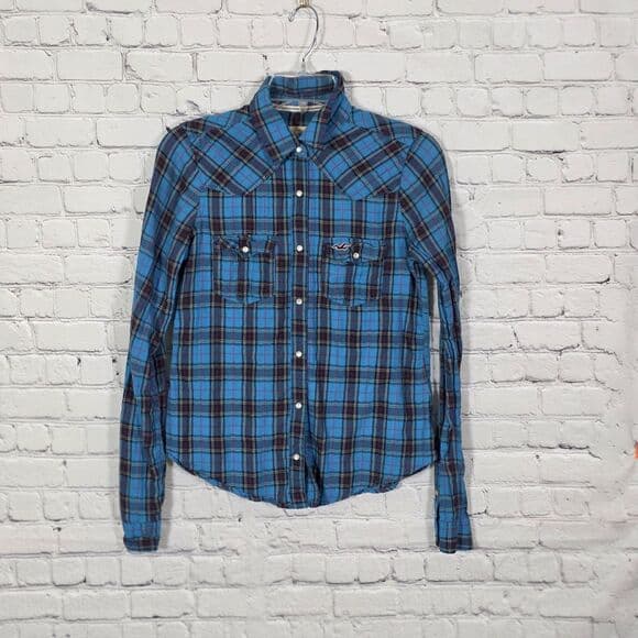 Hollister Shirt Men's Small Blue Plaid Flannel Pearl Snap Long Sleeve Shirt - Thumbnail 9