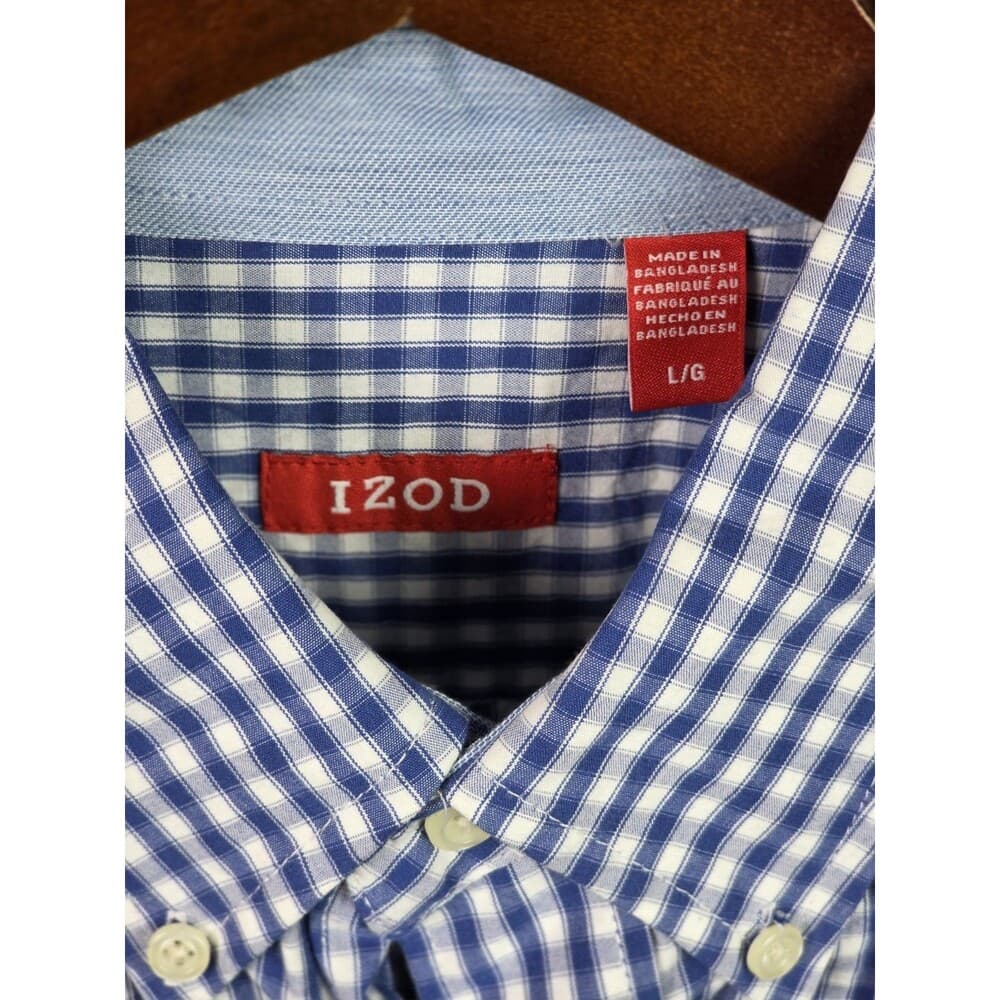 IZOD Men's Large Blue/ White Checkered Long‎ Sleeve Button Up Shirt - Thumbnail 2
