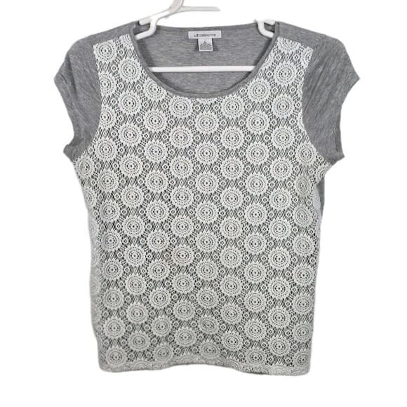 Liz Claiborne Woman’s Size Large Heather Gray Lace Lined Short Sleeve‎ Shirt - Thumbnail 8