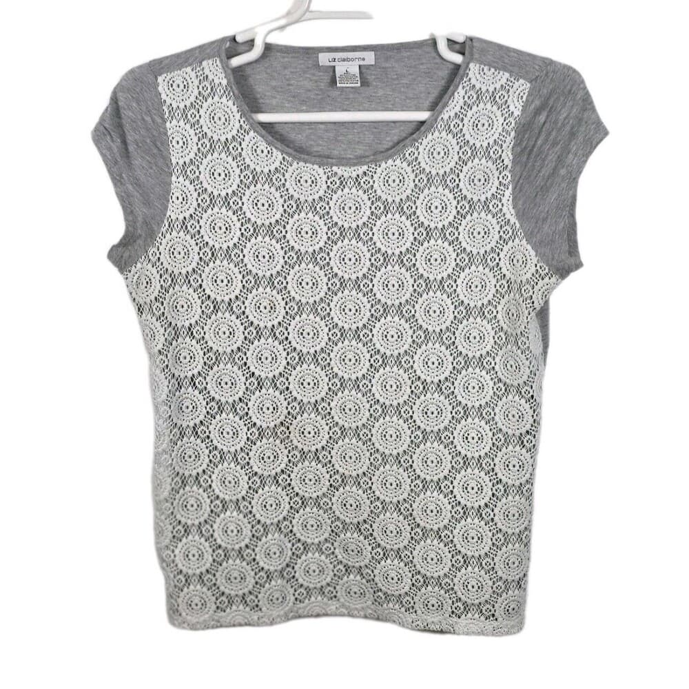 Liz Claiborne Woman’s Size Large Heather Gray Lace Lined Short Sleeve‎ Shirt - Thumbnail 7