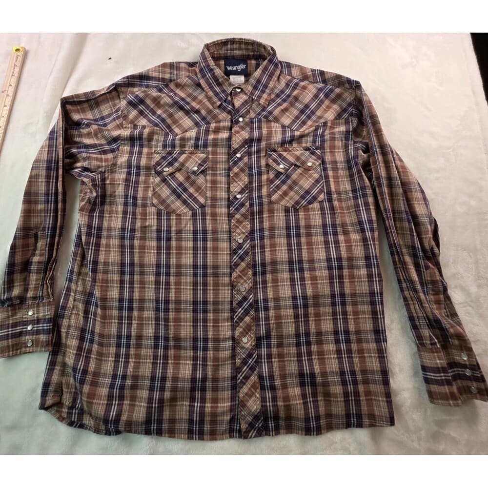 Wrangler Western Shirt XL Brown Plaid Brush Pearl Snap‎ Shirt - Thumbnail 8