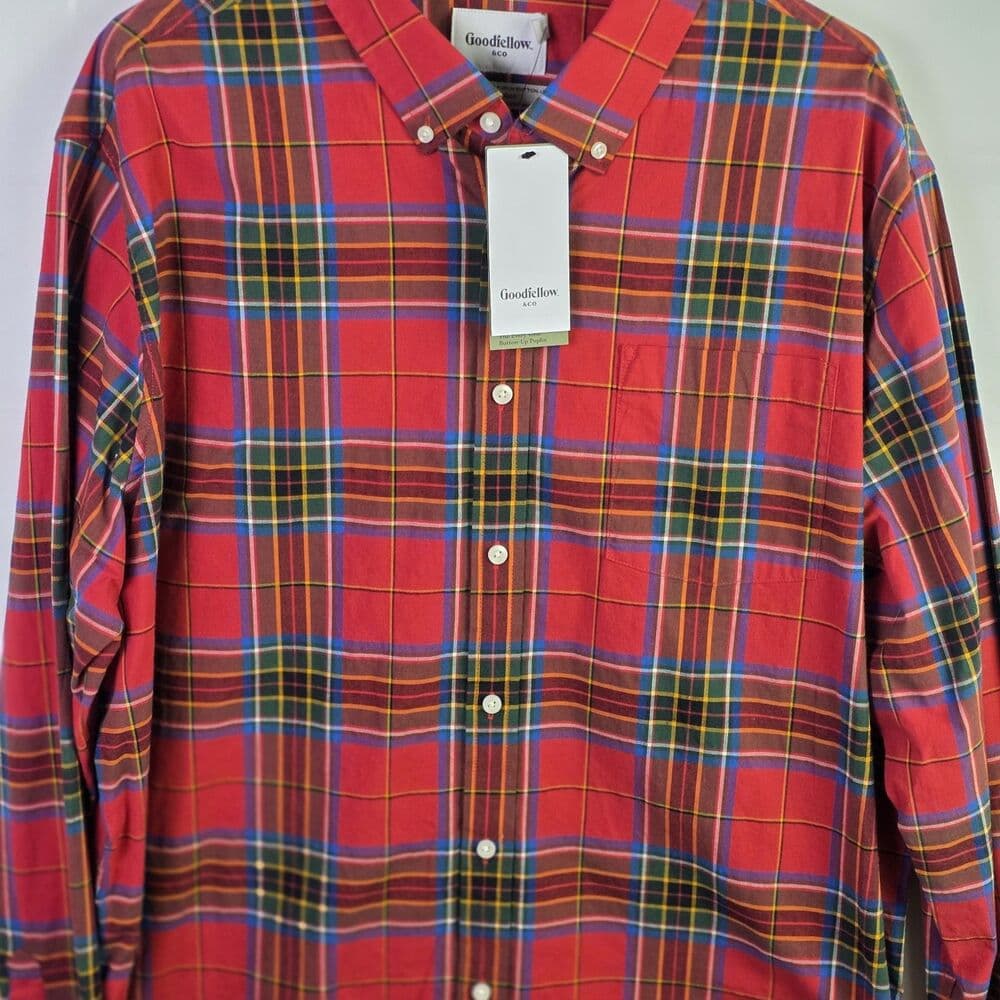 NWT Goodfellow & Co Men's XXL Red Long Sleeve Plaid Button Down Shirt - Thumbnail 2