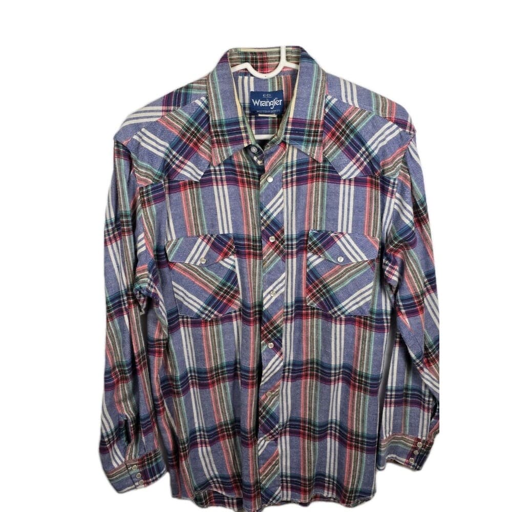 Vintage‎ 80s Mens XL Wrangler Western Pearl Snap Plaid Long-Sleeve Shirt - Thumbnail 8