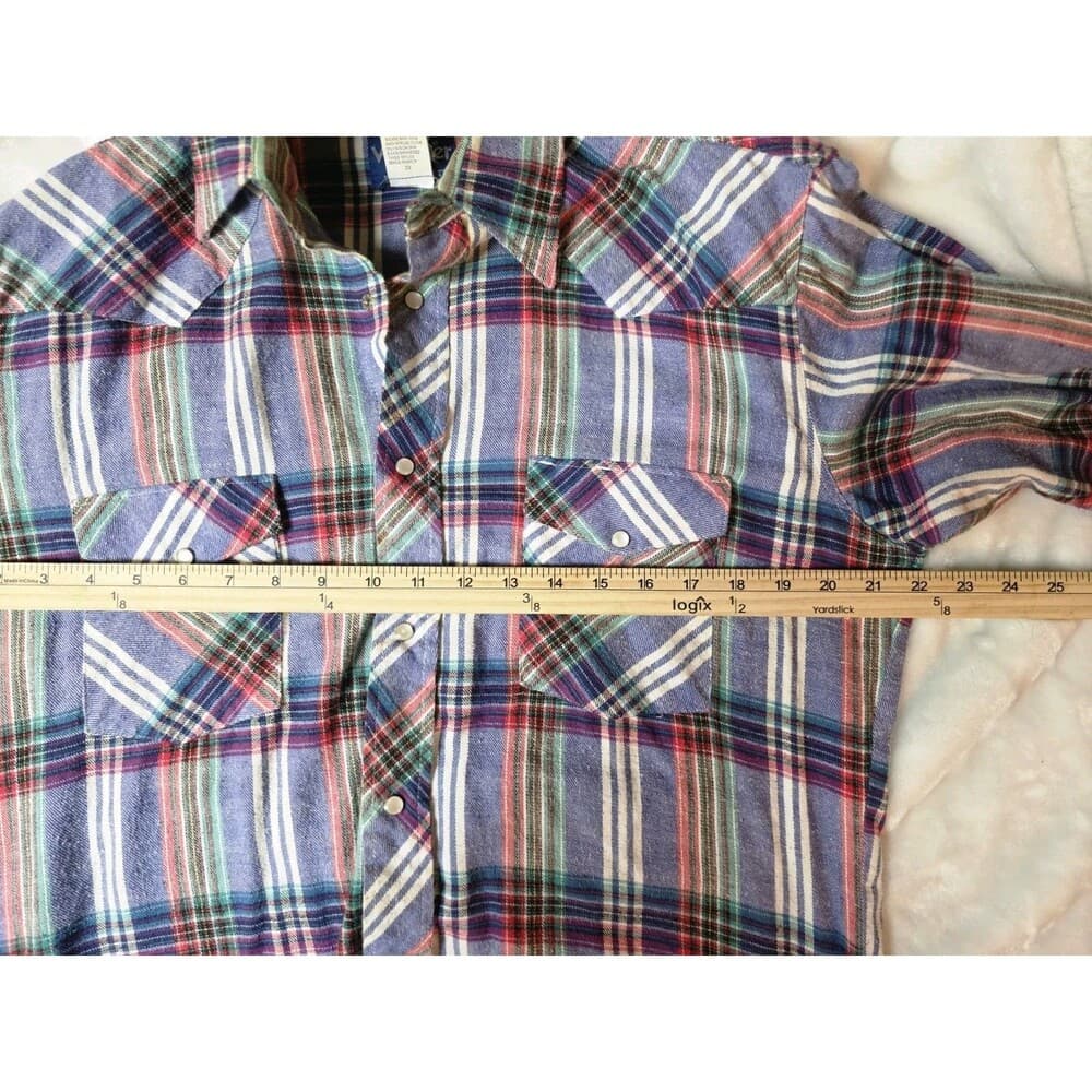 Vintage‎ 80s Mens XL Wrangler Western Pearl Snap Plaid Long-Sleeve Shirt - Thumbnail 4