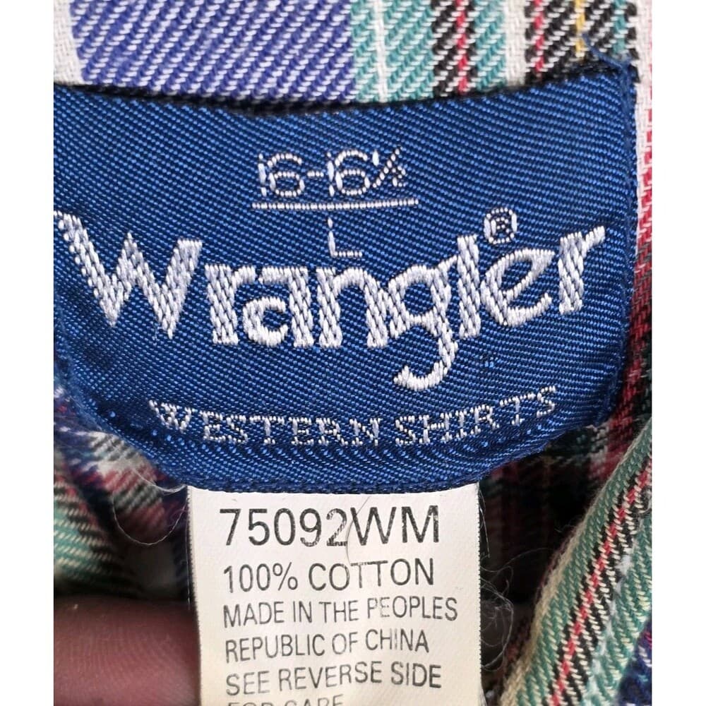 Vintage‎ 80s Mens XL Wrangler Western Pearl Snap Plaid Long-Sleeve Shirt - Thumbnail 2