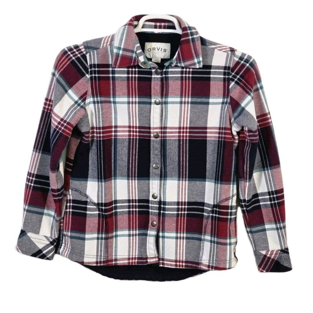 Orvis Women's Small Red Navy White Plaid Flannel Snap Button Shirt Jacket - Thumbnail 2
