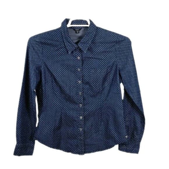 Guess‎ Women's Medium Blue White Polka Dot Pearl Snap Western Shirt - Thumbnail 5