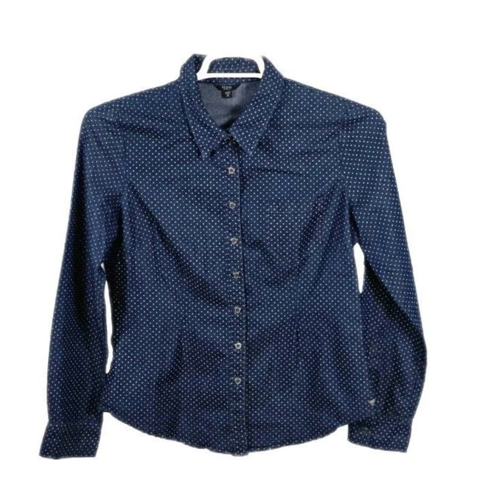Guess‎ Women's Medium Blue White Polka Dot Pearl Snap Western Shirt - Thumbnail 4