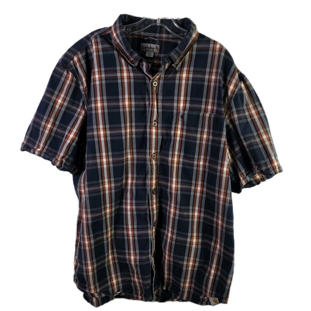 VTG CARHARTT Men's XL Blue & Red Plaid Relax Fit Short Sleeve Button Down Shirt - Thumbnail 9