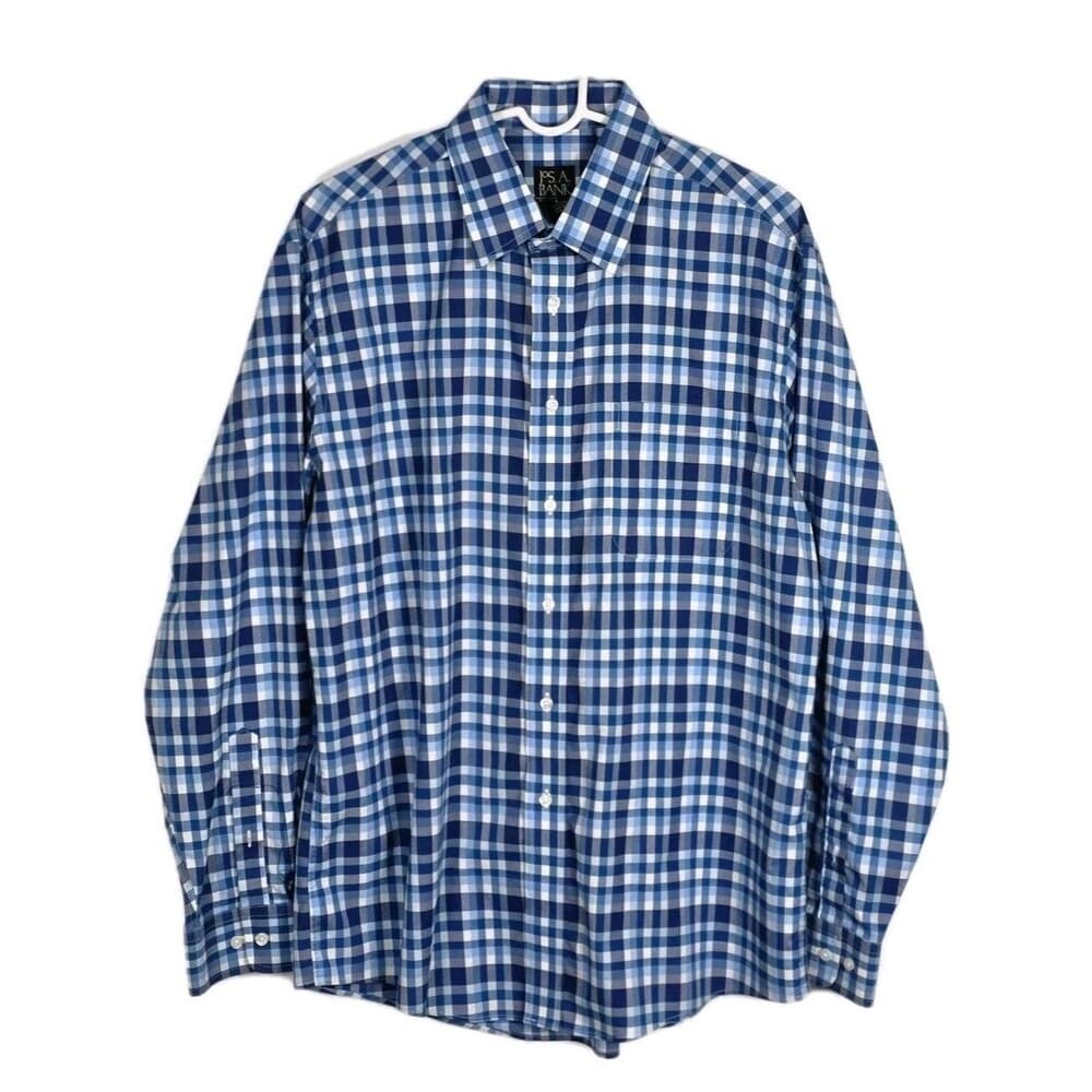 Jos A Bank Shirt Mens Large Blue Gingham Check Button Up Long Sleeve 100% Cotton - Thumbnail 5