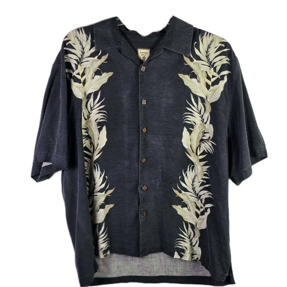 Jamaica Jaxx Men's XL Black With Brown Palm Leaves Short Sleeve Silk Shirt - Thumbnail 12