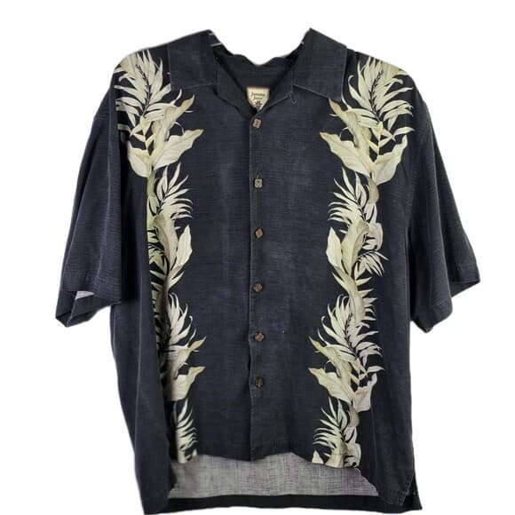 Jamaica Jaxx Men's XL Black With Brown Palm Leaves Short Sleeve Silk Shirt - Thumbnail 13