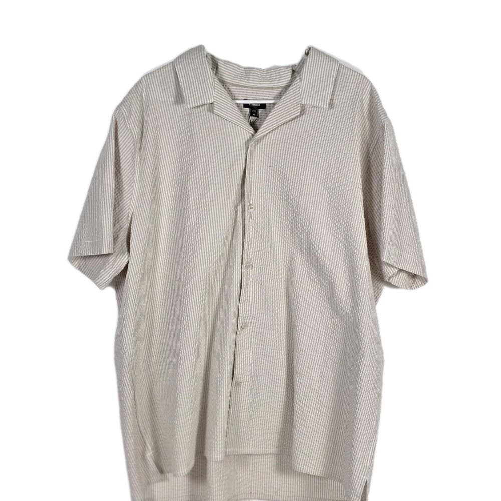 NWT Express Mens XXL Tan With White Stripes Seersucker Short Sleeve Shirt‎ - Thumbnail 5