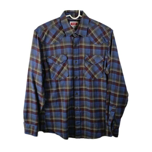 Wrangler Men's‎ Small Blue Plaid Long Sleeve Flannel Button Up Shirt - Thumbnail 9