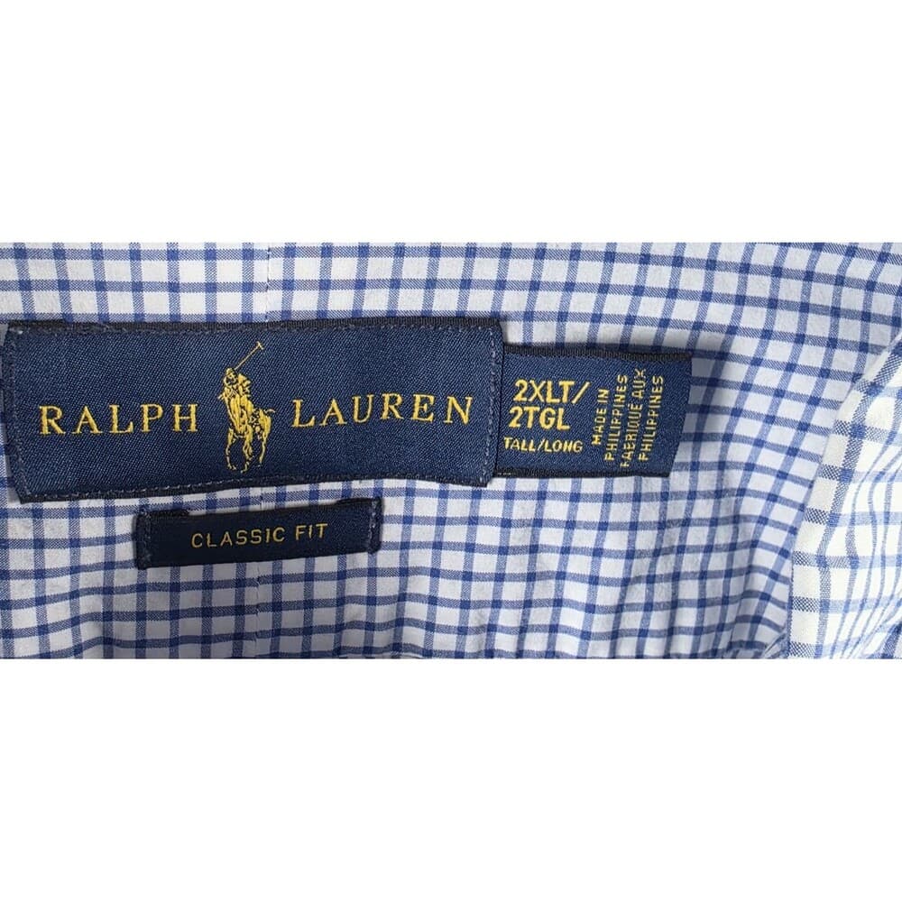 Polo‎ Ralph Lauren Men's 2XLT/2YGL Blue/ White Gingham Check Long Sleeve Shirt - Thumbnail 2