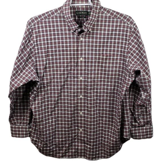 Lauren Ralph Lauren Size 17.5/34-35‎ Gingham Burgundy Plaid Button Up Shirt - Thumbnail 10