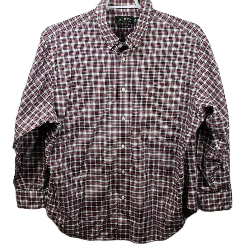 Lauren Ralph Lauren Size 17.5/34-35‎ Gingham Burgundy Plaid Button Up Shirt - Thumbnail 9
