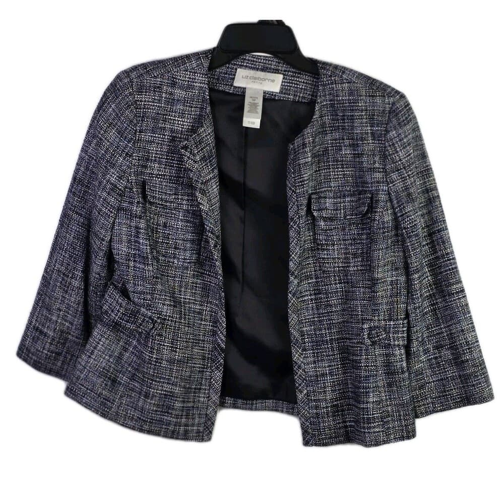 Liz Claiborne Women’s Petite 12 Blue & Gray Silk Open Front Suit Jacket - Thumbnail 7
