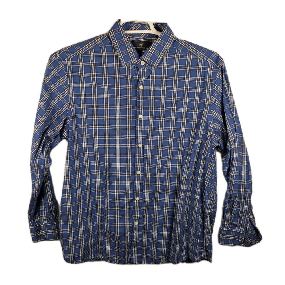 Hart‎ Schaffner Marx Men's Large Blue Plaid Long Sleeve Button Up Shirt - Thumbnail 7