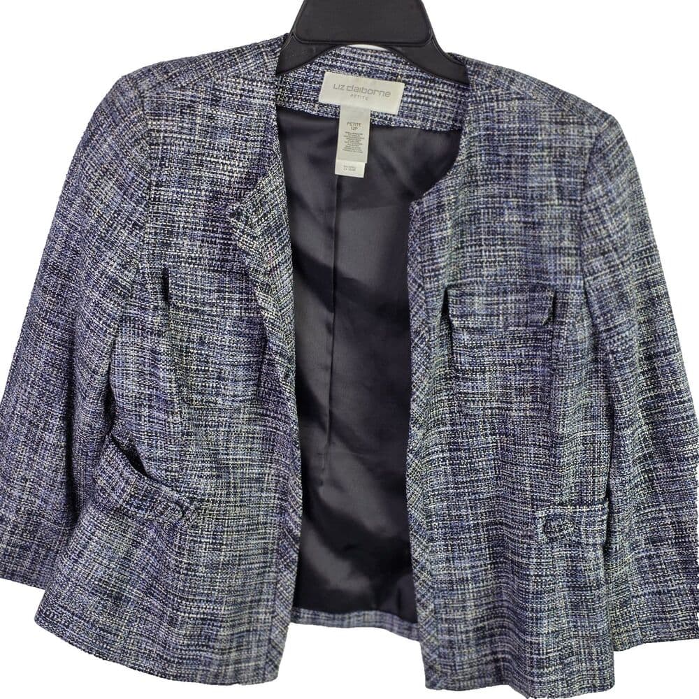 Liz Claiborne Women’s Petite 12 Blue & Gray Silk Open Front Suit Jacket - Thumbnail 2