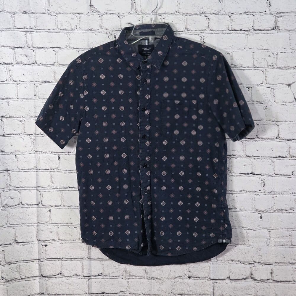 Level Ten Mens Small Blue Geometric Short Sleeve Button Up Shirt - Thumbnail 9