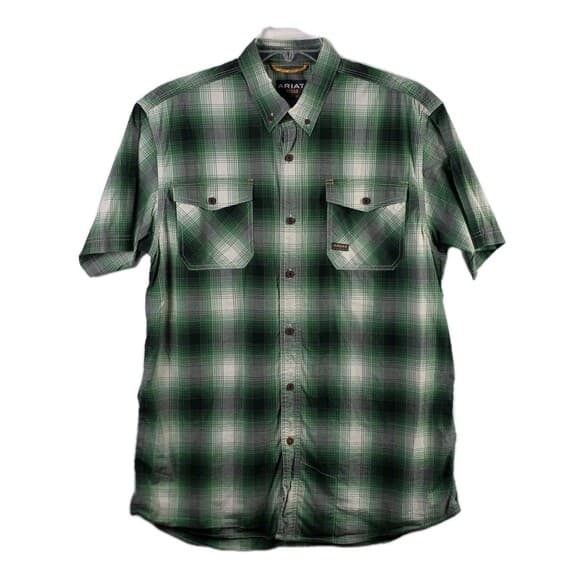 Ariat Rebar Men's Large Green Plaid Short Sleeve Workwear Button Down Shirt - Thumbnail 14