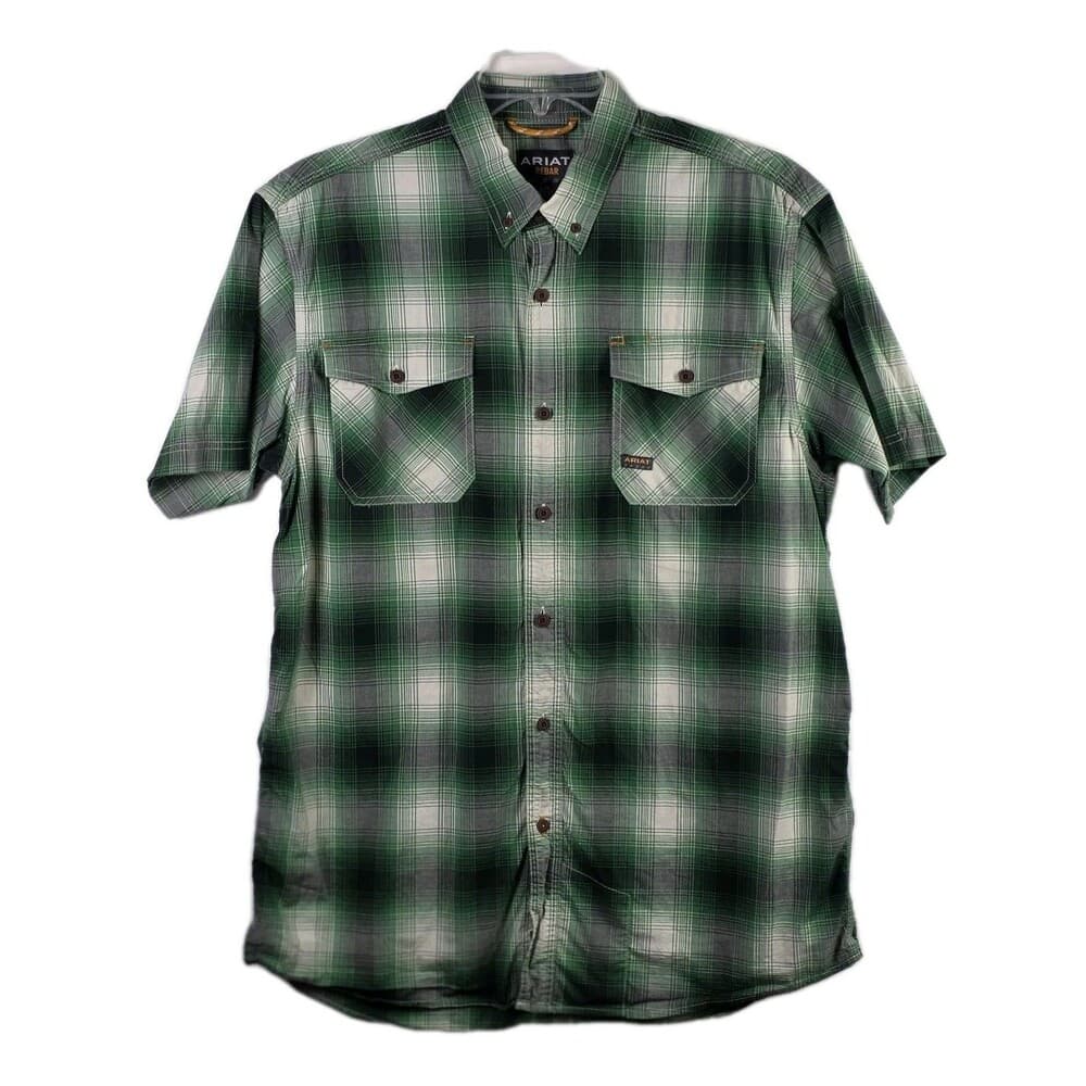 Ariat Rebar Men's Large Green Plaid Short Sleeve Workwear Button Down Shirt - Thumbnail 13