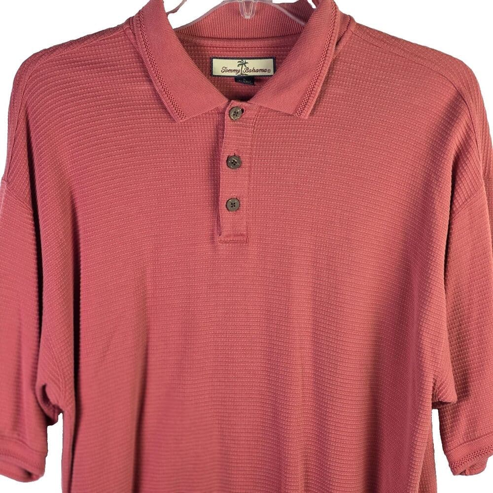 Tommy Bahama Men's Large Coral Pink Silk & Cotton Blend Short Sleeve Polo Shirt - Thumbnail 12