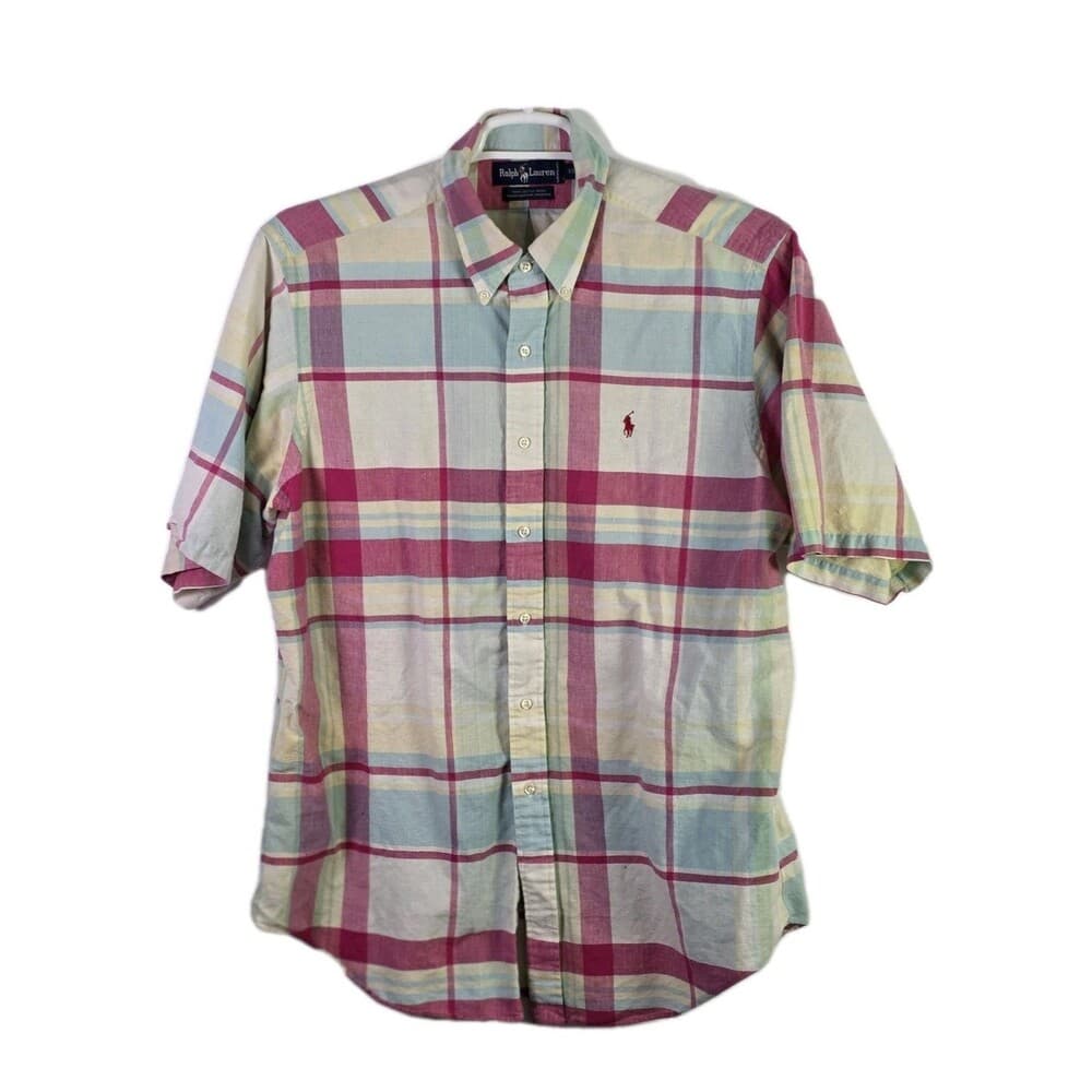 Ralph Lauren Men's Large Plaid Color Block Short Sleeve‎ Button Up Shirt - Thumbnail 11