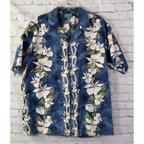 Jade Fashions Men's Large Hawaiian Tan and Blue S/S Button Down Shirt - Thumbnail 10