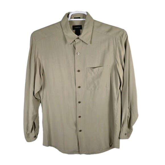 Calvin Klein Men's Medium 100% Silk Tan Long Sleeve Shirt - Thumbnail 7