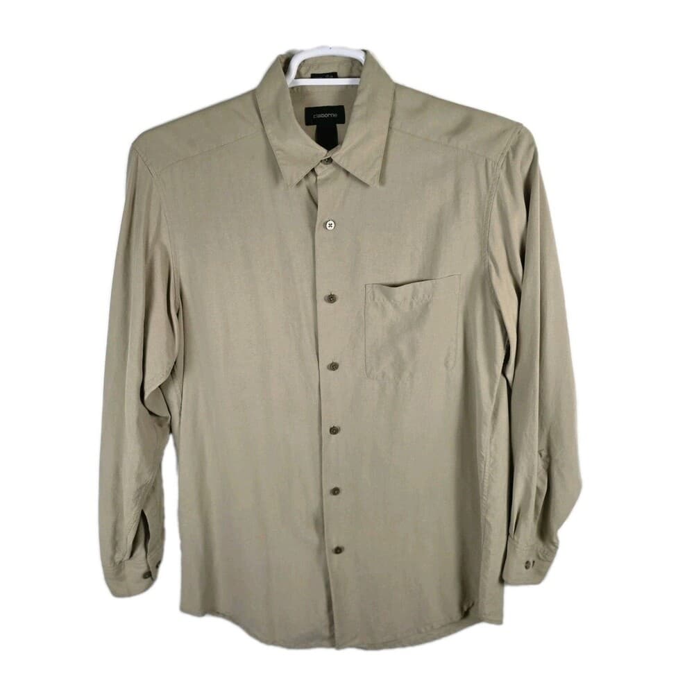 Calvin Klein Men's Medium 100% Silk Tan Long Sleeve Shirt - Thumbnail 6