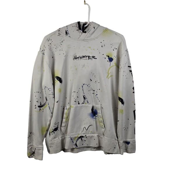 Hollister Men's Medium White Paint Splatter Streetwear Hoodie - Thumbnail 8
