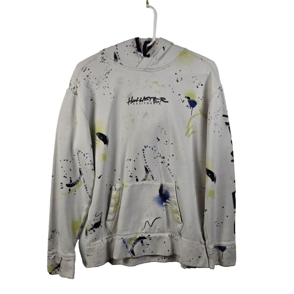 Hollister Men's Medium White Paint Splatter Streetwear Hoodie - Thumbnail 7