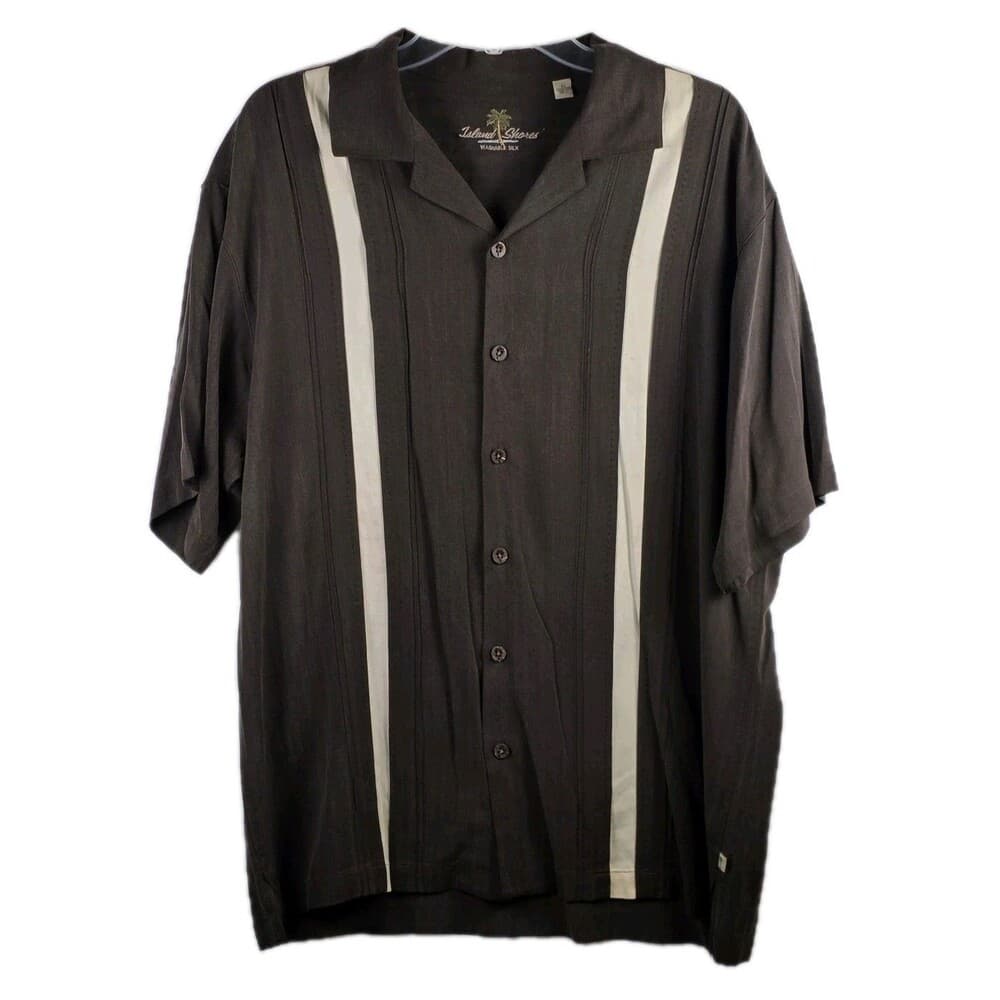 Island Shores 100% Silk Men's Large Brown Cuban Short Sleeve Shirt - Thumbnail 12