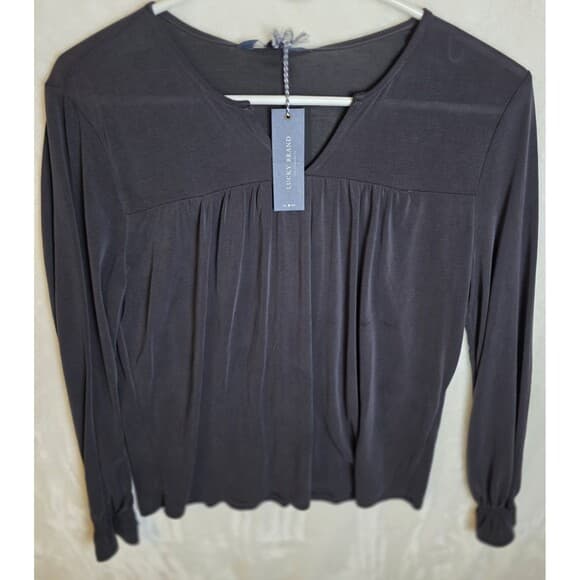 NWT Lucky Brand‎ Women's Size S/P Black Linen Blend Embroidered 3/4 Sleeve Top - Thumbnail 10