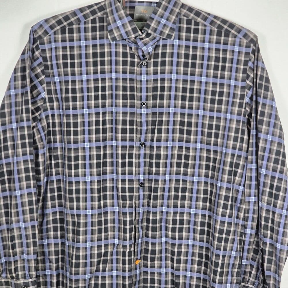 Thomas Dean‎ Large Navy Blue & Gray Plaid Long Sleeve Button Up Shirt